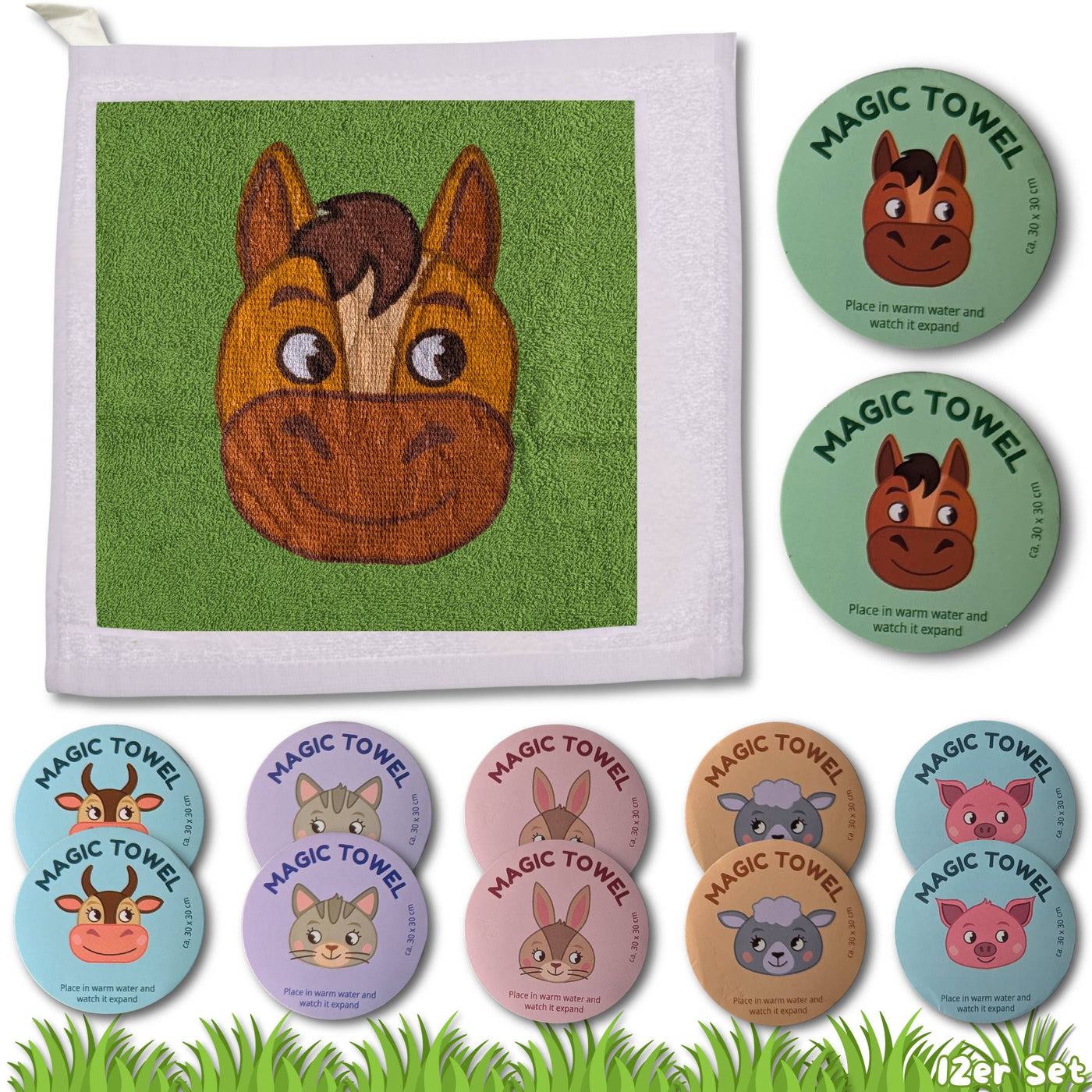 12er Set | Magisches Handtuch | Farm Tiere Bauernhof Pastell