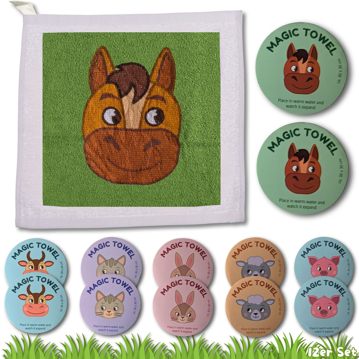12er Set | Magisches Handtuch | Farm Tiere Bauernhof Pastell