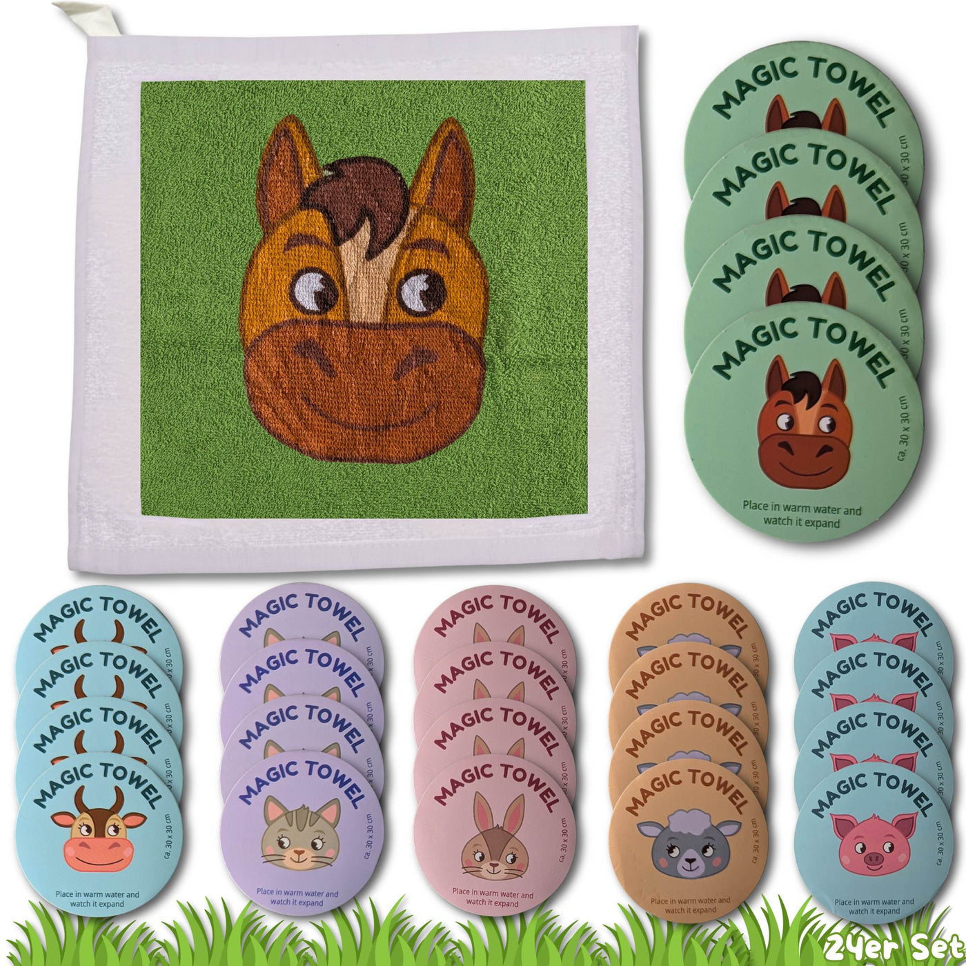 24er Set | Magisches Handtuch | Farm Tiere Bauernhof Pastell