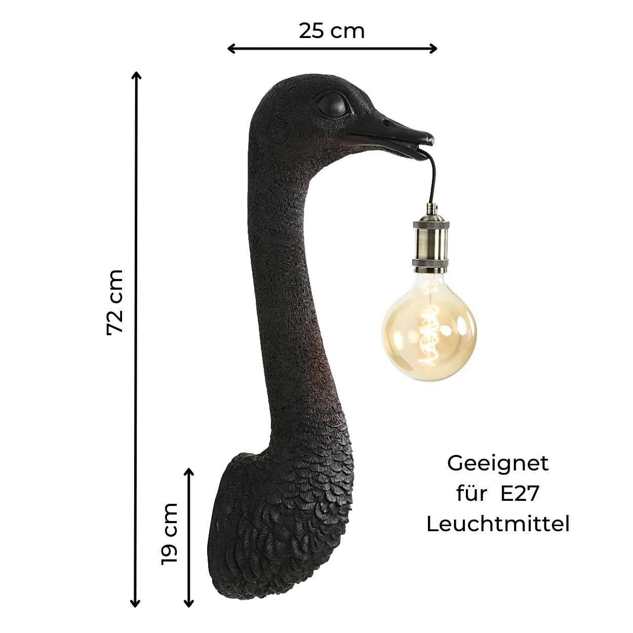 Wandleuchte | Vogel Strauß Schwarz matt | Tier Lampe 72 cm