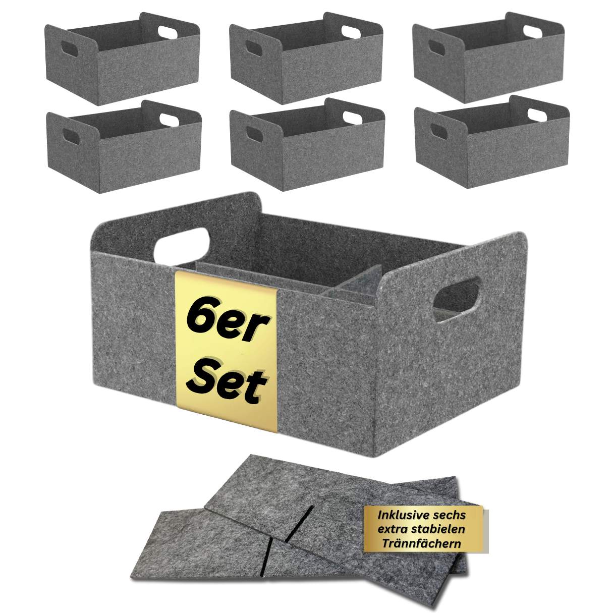 6er Set Filzkorb grau mit Trennfach 69245