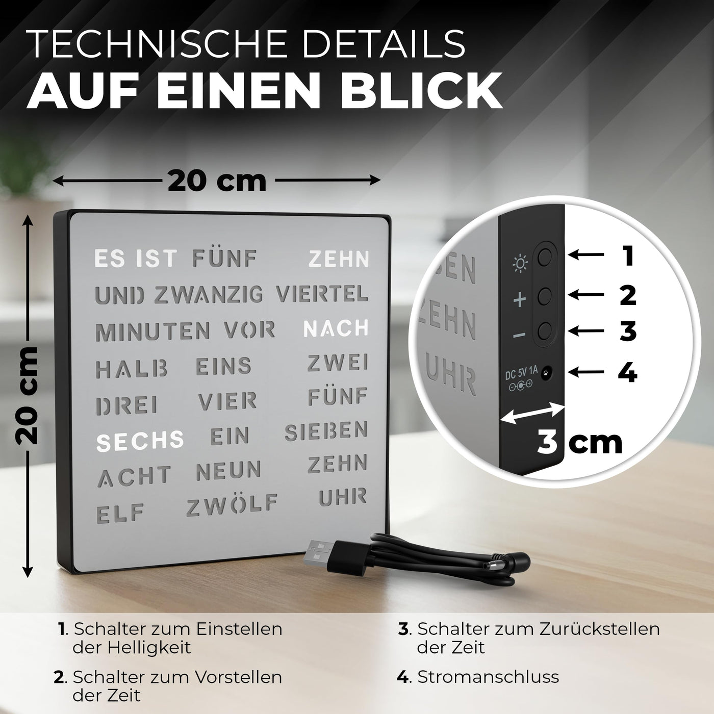 LED Wortuhr Wanduhr | Silber Optik, Metall