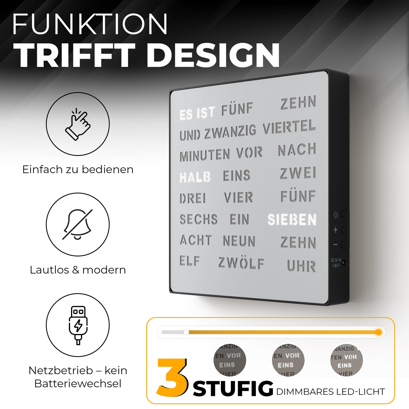 LED Wortuhr Wanduhr | Silber Optik, Metall