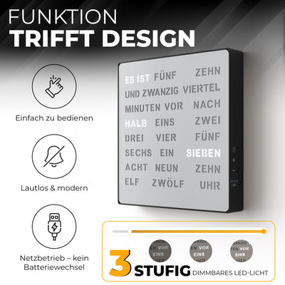 LED Wortuhr Wanduhr | Silber Optik, Metall