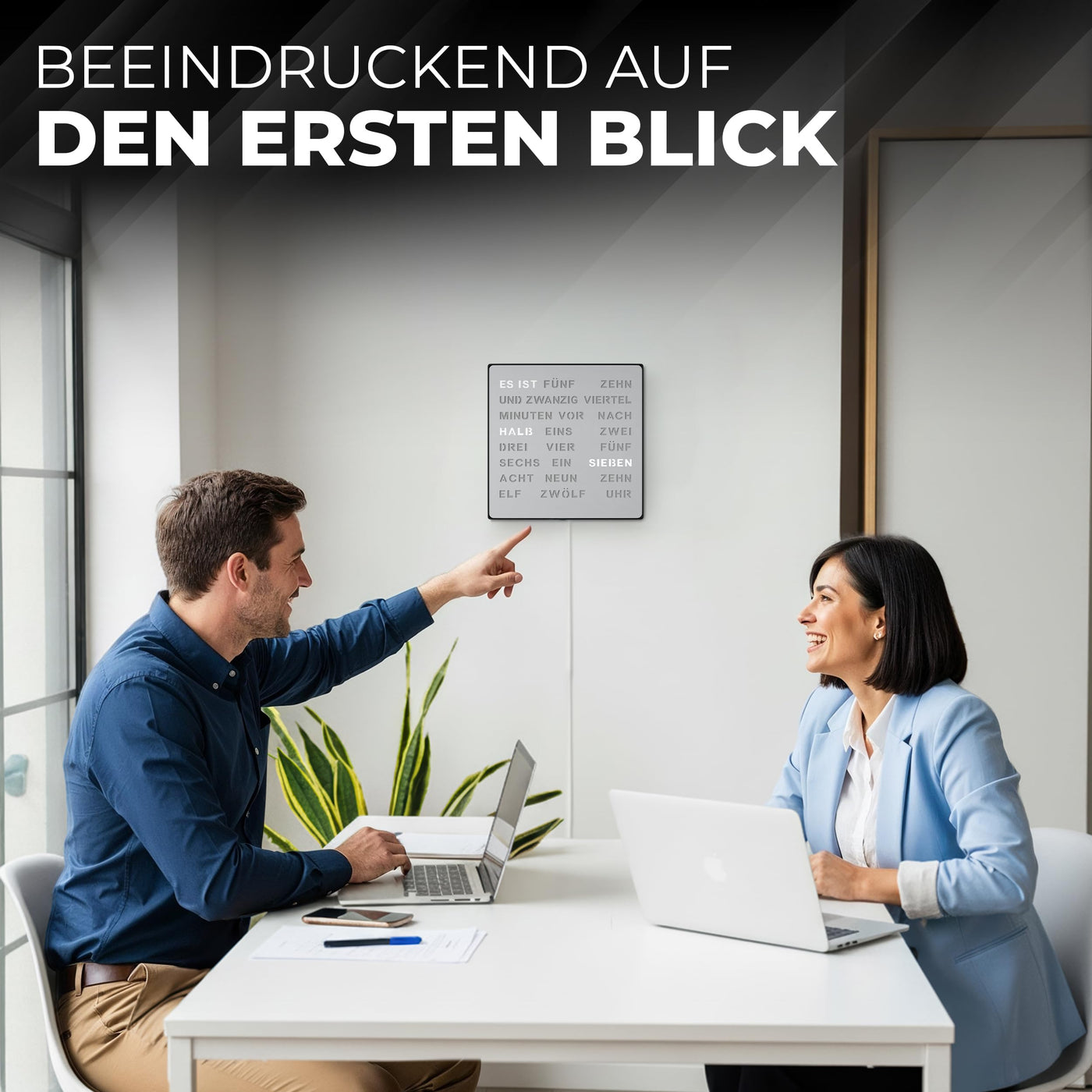 LED Wortuhr Wanduhr | Silber Optik, Metall