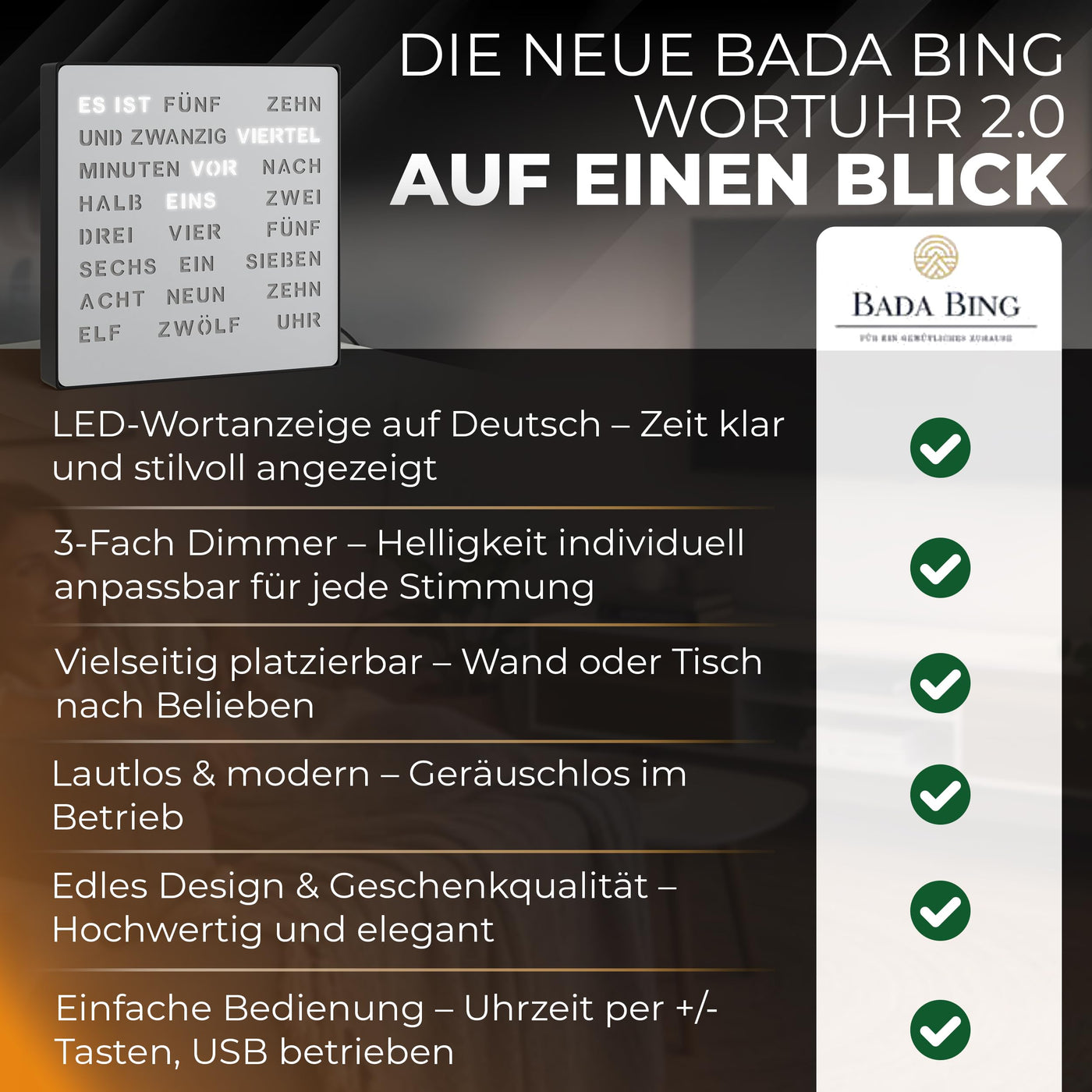 LED Wortuhr Wanduhr | Silber Optik, Metall