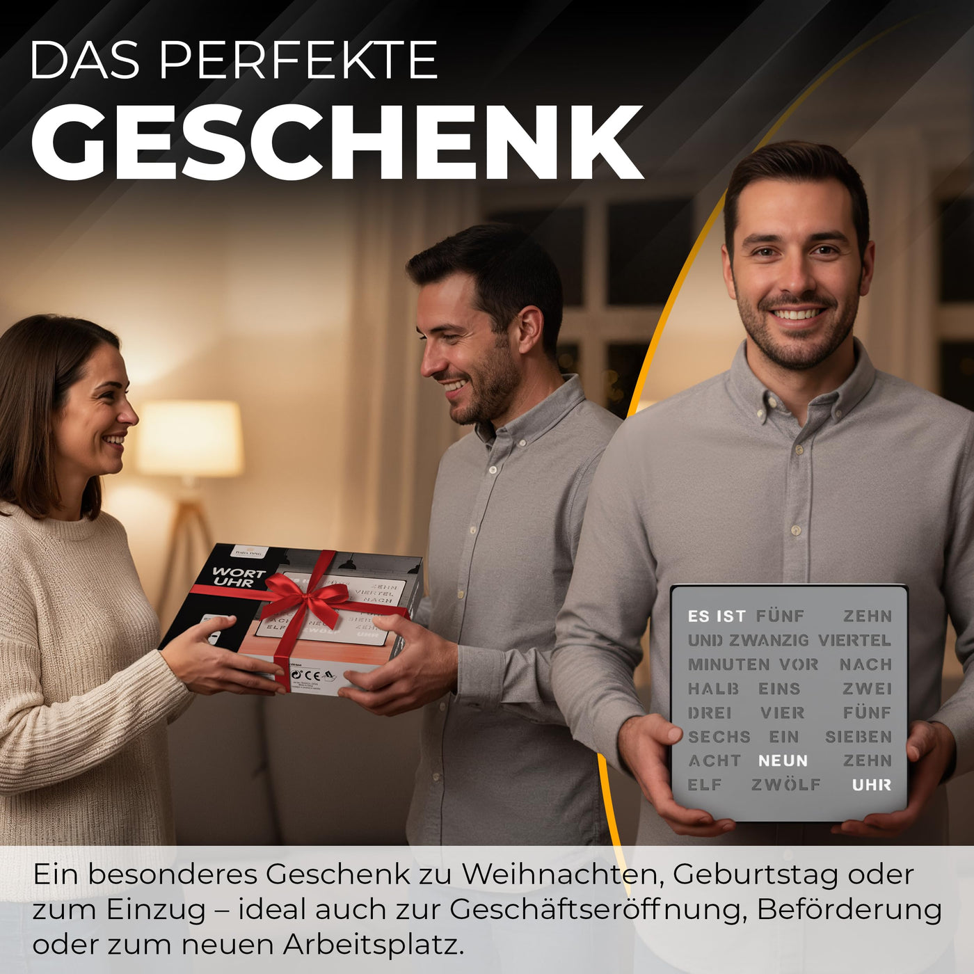 LED Wortuhr Wanduhr | Silber Optik, Metall