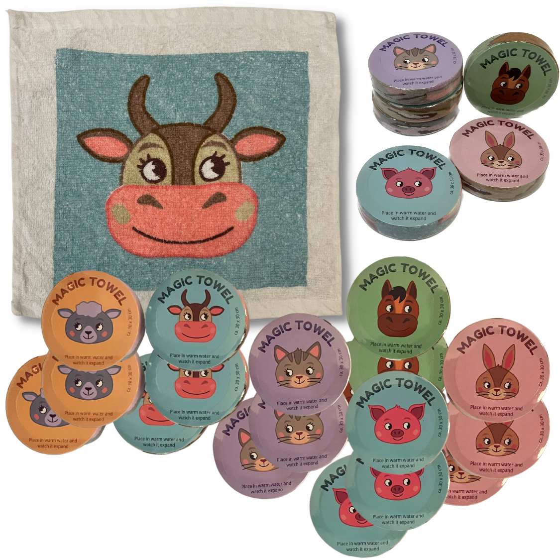 24er Set | Magisches Handtuch | Farm Tiere Bauernhof Pastell