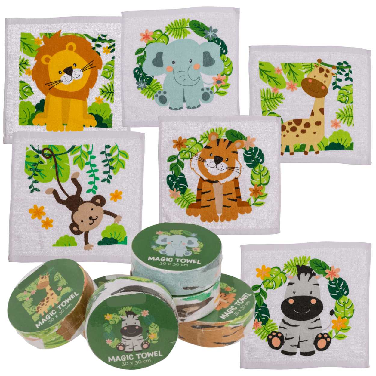 6er Set Zaubertuch | Magisches Handtuch | Zoo Safari Tiere