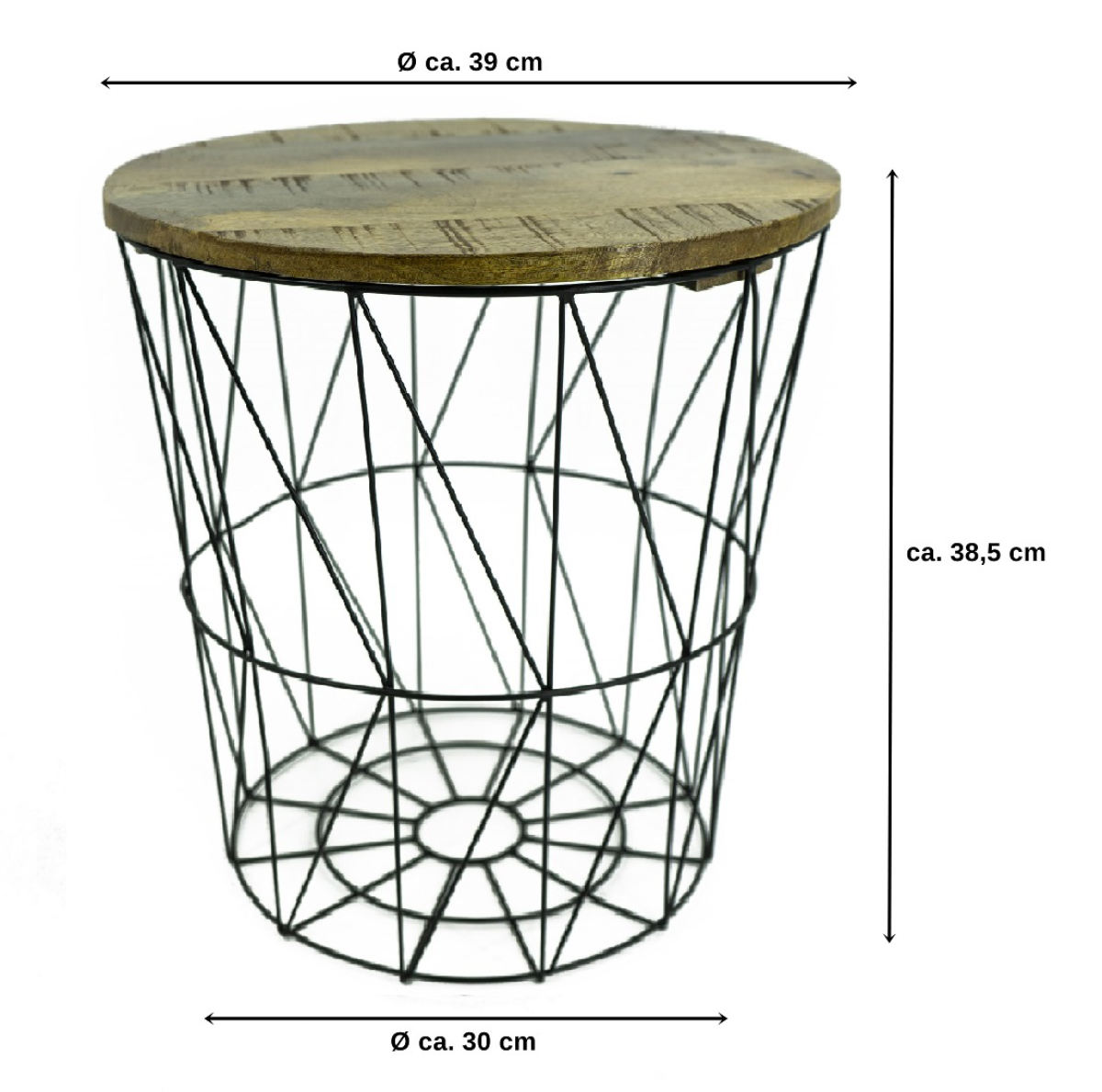 3er Set Metall-Tisch | Beistelltisch Metallkorb schwarz, Mangoholz