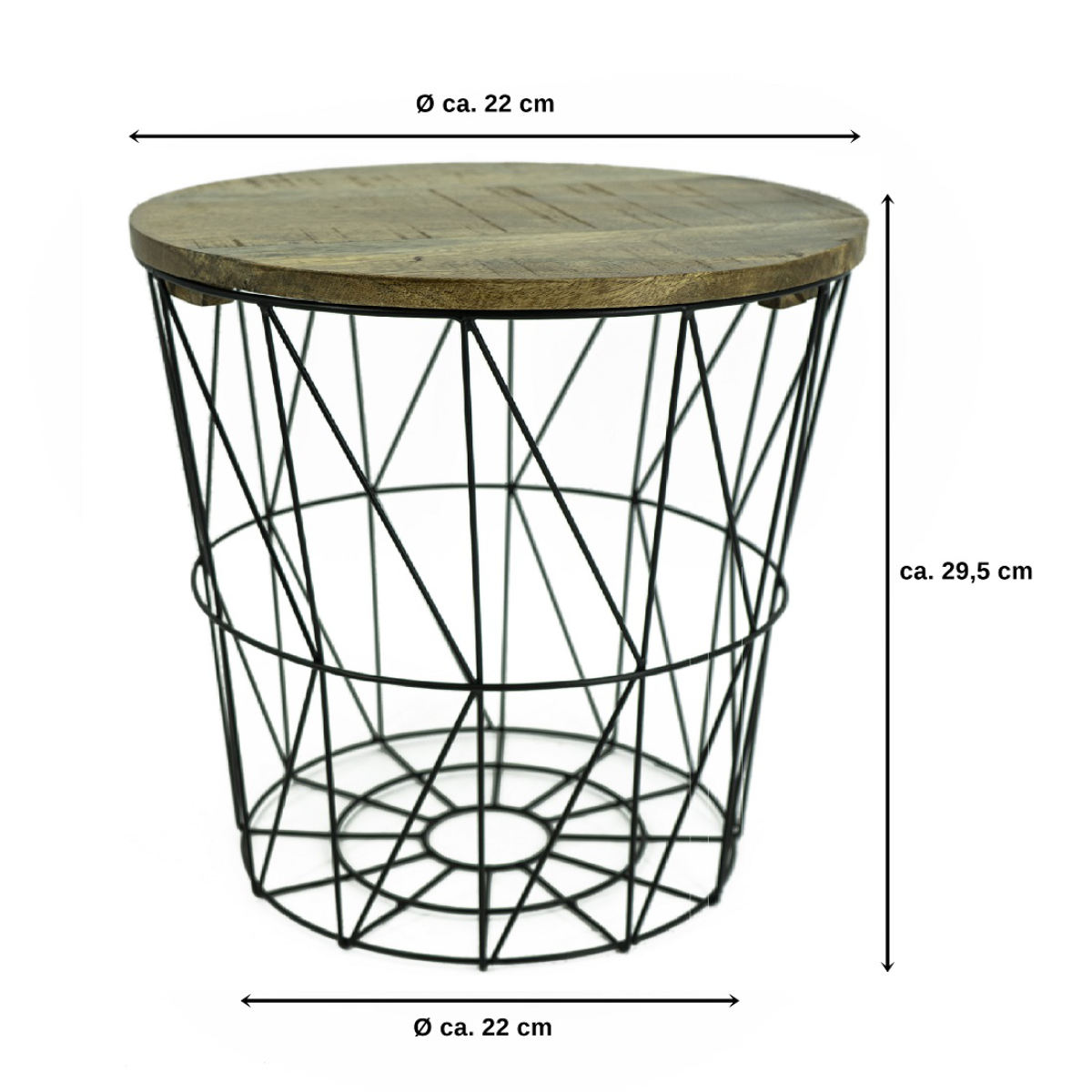 3er Set Metall-Tisch | Beistelltisch Metallkorb schwarz, Mangoholz