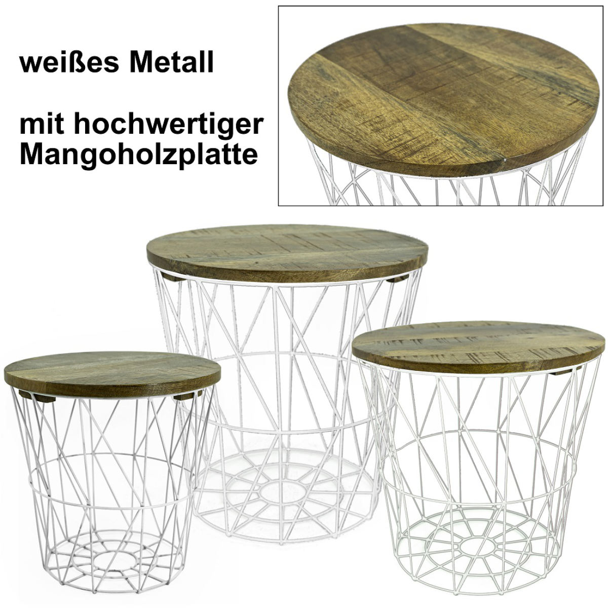 3er Set Metall-Tisch | Beistelltisch Metallkorb Mangoholz