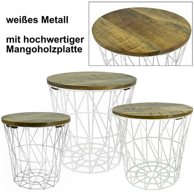 3er Set Metall-Tisch | Beistelltisch Metallkorb Mangoholz