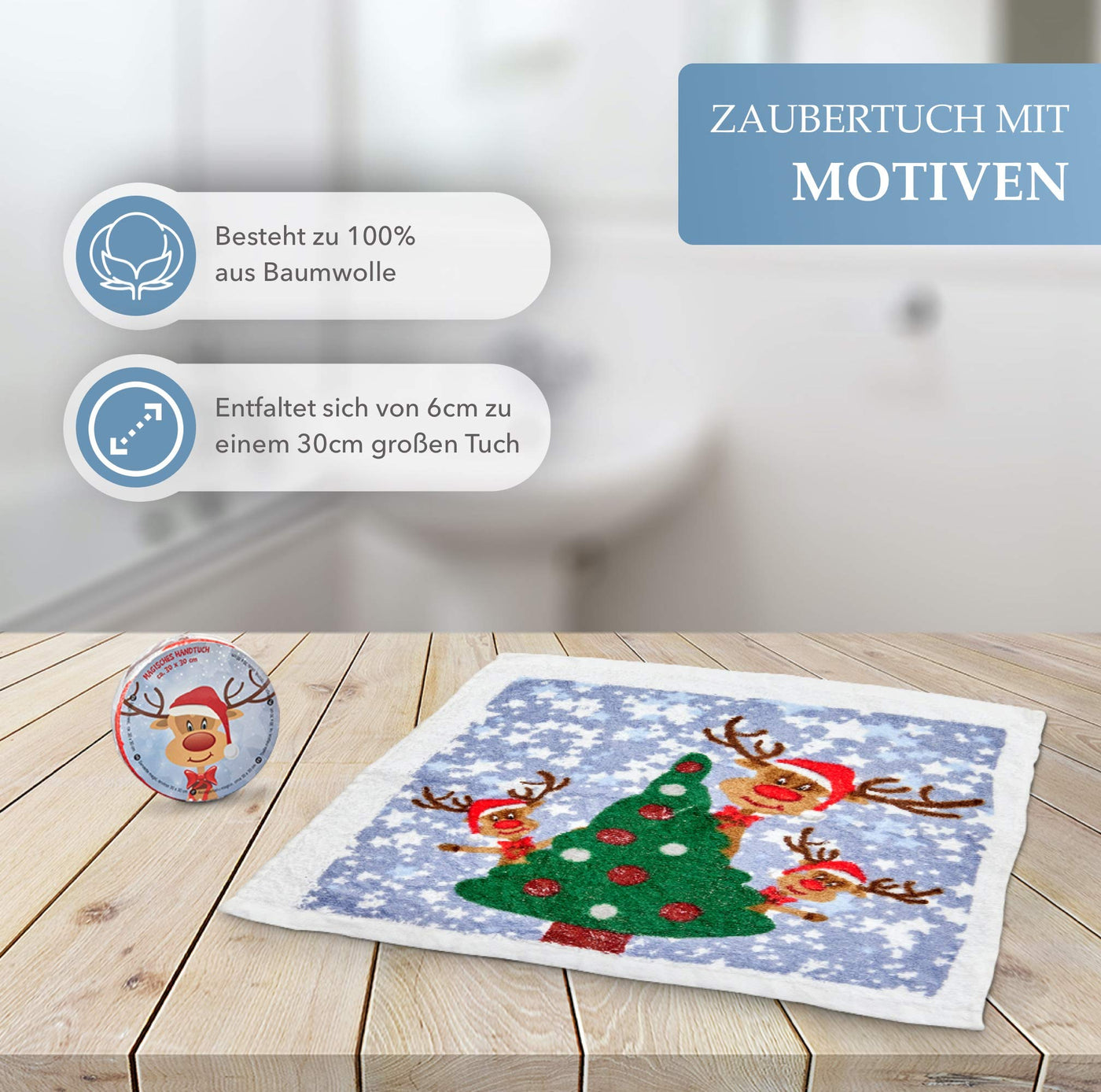 24er Set | Magisches Handtuch | Weihnachten Rentier Rudolph